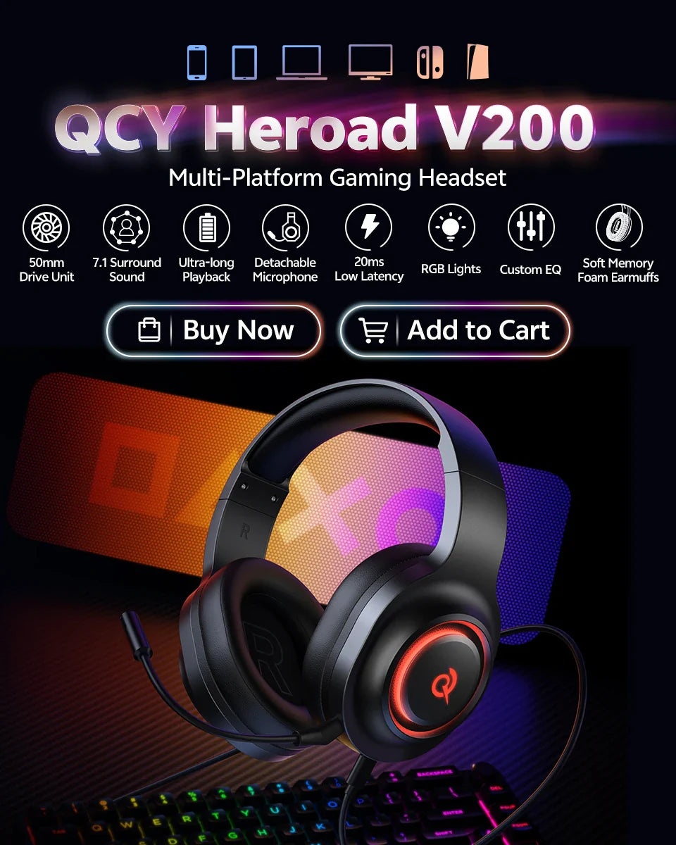 QCY Heroad V200 RGB Bluetooth Wireless Gaming Headphones
