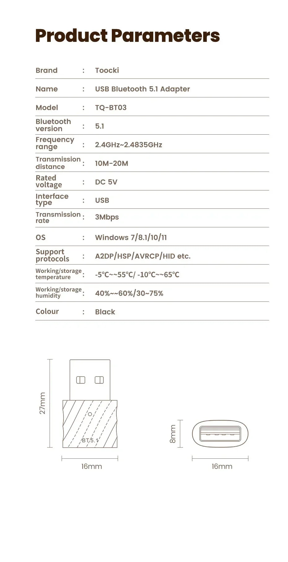 TOOCKI BT03 USB Bluetooth 5.1 Adapter