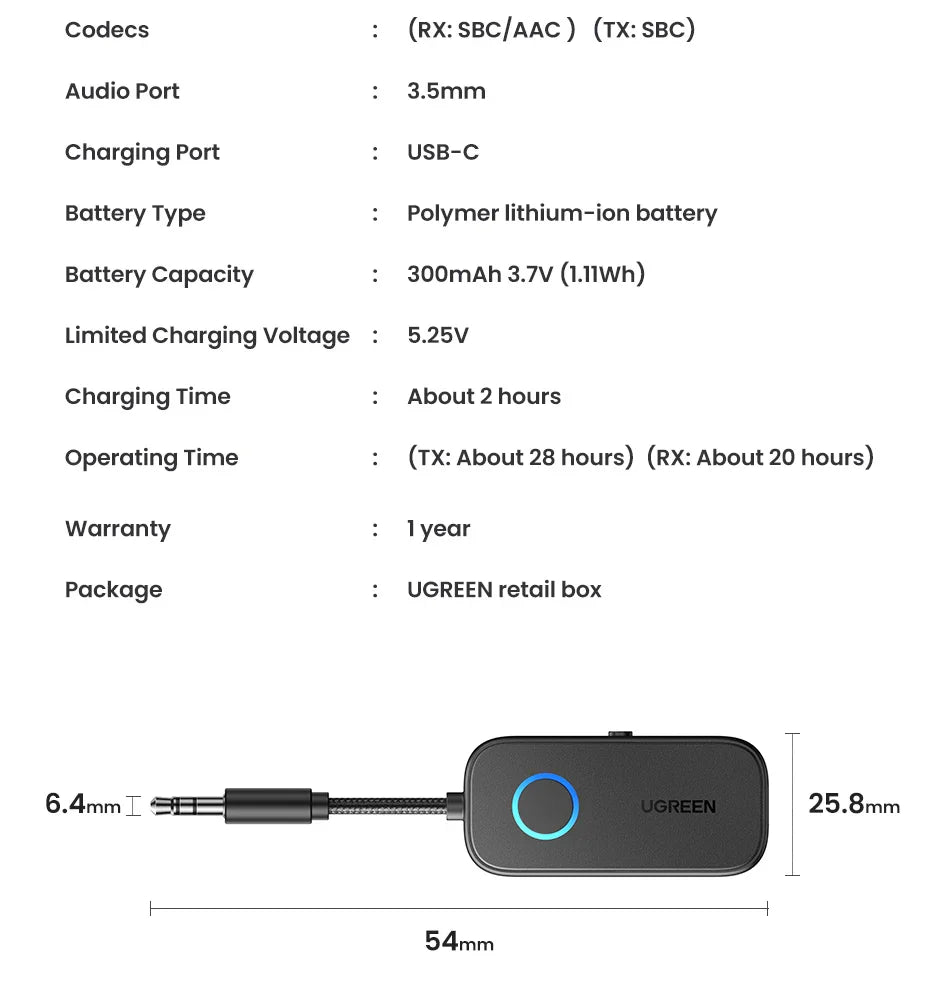 UGREEN CM672 2in1 Aux Bluetooth 5.2 Adapter & Transmitter