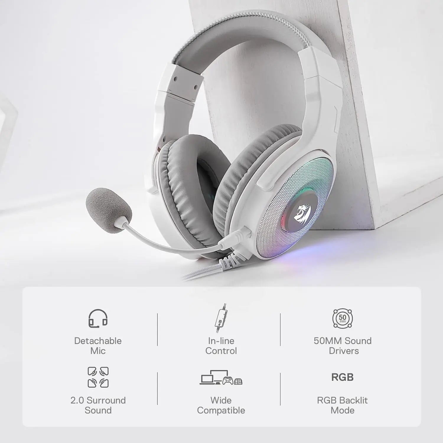 REDRAGON H350 Pandora 2 RGB Wired Gaming Headset - White