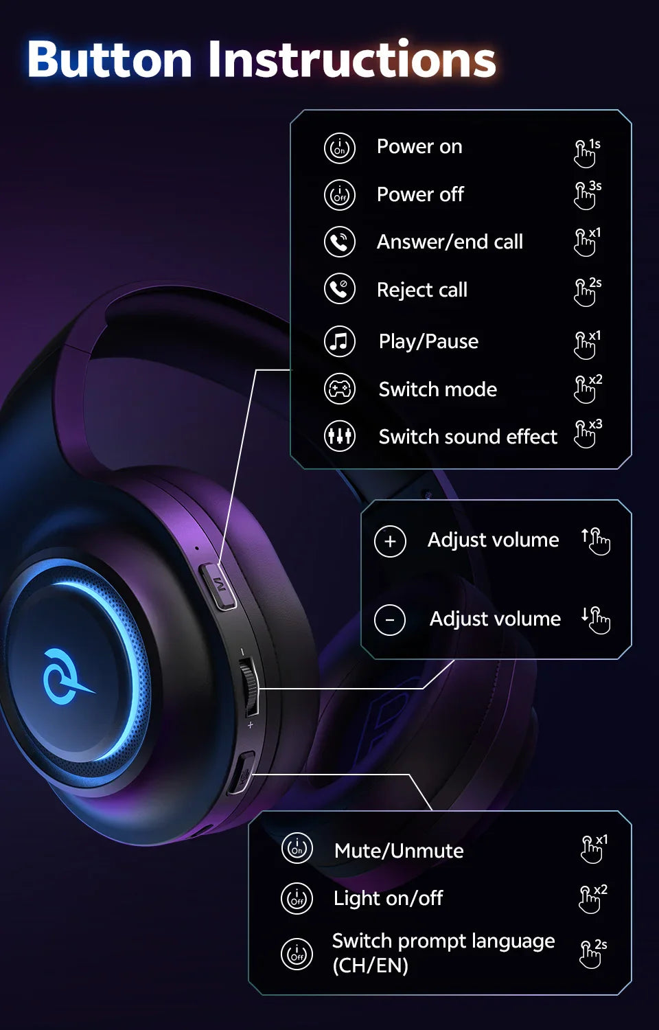 QCY Heroad V200 RGB Bluetooth Wireless Gaming Headphones