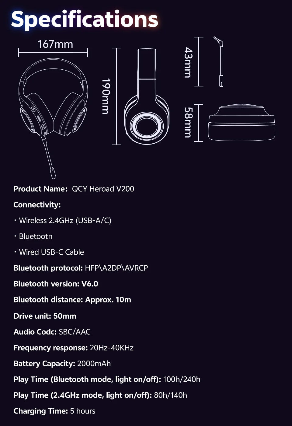 QCY Heroad V200 RGB Bluetooth Wireless Gaming Headphones